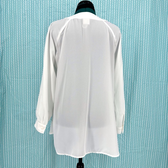 Cabi Tuxedo Blouse # 3421, White Semi-Sheer Long Sleeve with Black Tie, Small - Picture 9 of 16